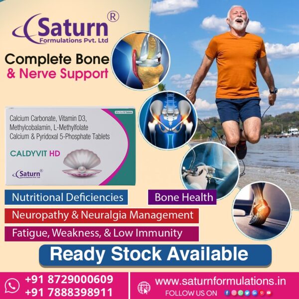 Calcium Vitamin D3 Methylcobalamin L-Methyl Folate Pyridoxal-5-Phosphate Tablets | Caldyvit-HD
